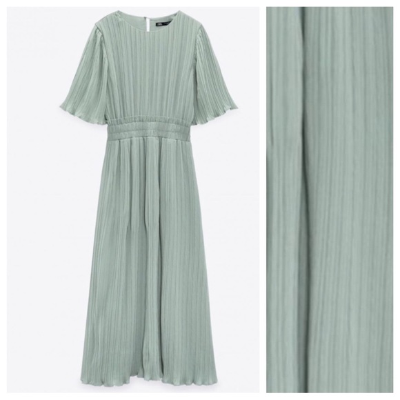 NWT. Zara Sea Green Pleated Midi Dress. Size S. - Picture 5 of 9